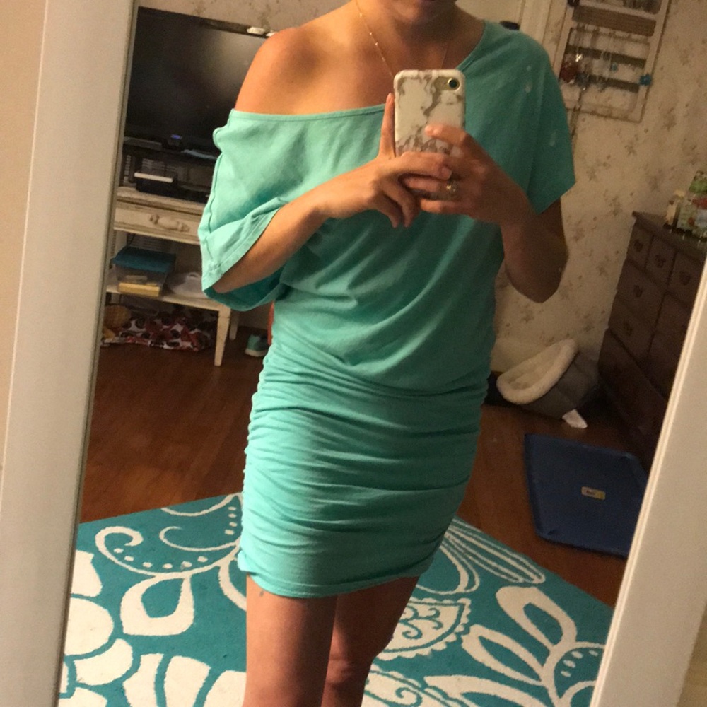 Teal off-shoulder dress!